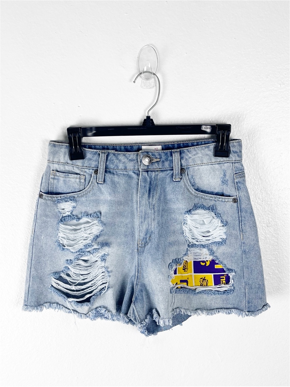 ZOE + PHOEBE 100% Cotton High Rise Ripped Distressed LSU Patchwork Shorts Size 5